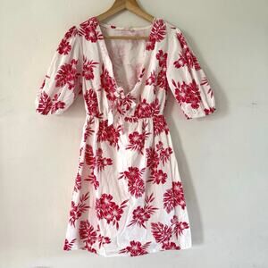 Sim & Sam Red White Floral Plunge V Neck Dress‎ Beachy Lined Puff Sleeve Small